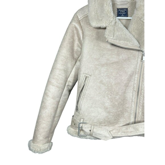 Abercrombie & Fitch Women’s Faux Suede Shearling Moto Biker Jacket Size M Tan - Picture 7 of 14